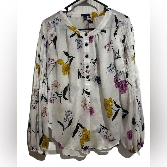 Ann Taylor White Floral Blouse with Yellow and Purple Accents - Picture 1 of 9